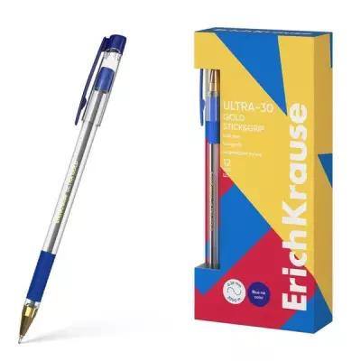 Ручка шариковая ErichKrause ULTRA-30 Gold Stick&Grip Classic игольчатый узел 0.7 мм, чернила синие, прозрачный корпус (комплект из 24 шт)