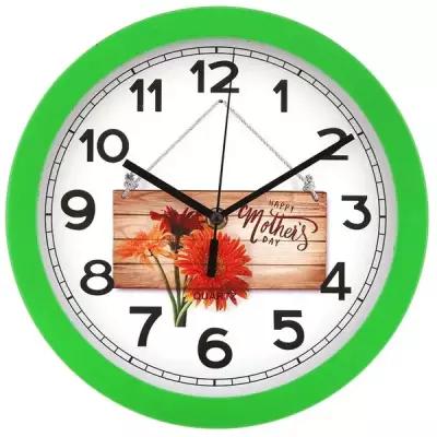 Часы Домашняя Мода "Герберы", настенные, 25х25х4,3 см, мягкий ход, циферблат фотопечать, пластик, зеленые, в коробке