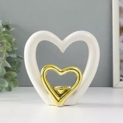 Подсвечник керамика на 1 свечу "Сердце в сердце" белое с золотом 12,7х5,5х12,2 см