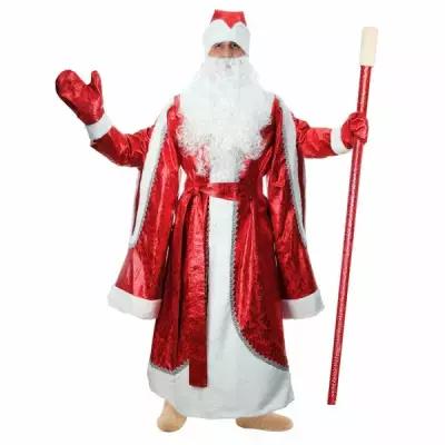 Карнавальный костюм "Дед Мороз", парча, красная шуба, шапка, варежки, борода, р-р 48-50