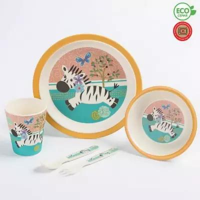 Набор бамбуковой посуды "Зебра", тарелка, миска, стакан, приборы, 5 предметов