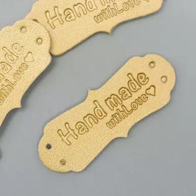 Бирка "Handmade", кожа, цвет золото 1,5х4 см(10 шт.)
