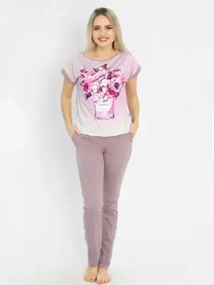 Комплект женский нота шлейфа футболка+брюки кулирка+микрофибра какао MARGO (Одежда для дома, 52)