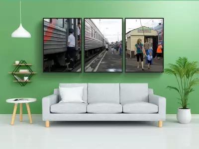 Модульный постер "Транссибирская железная дорога, станция, гонки" 180x90 см. из 3х частей в тубусе, без рамки