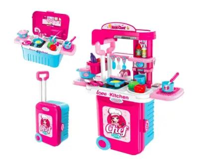 Многофункциональный игровой набор повара для девочек с посудой - кухня 3 в 1 с продуктами в чемодане