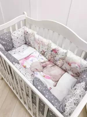 Комплект бортиков в детскую кроватку для новорожденных и малышей с постельным бельем "Любовь" 80х100