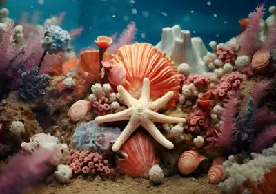 Постер - "Морская ракушка окружённая кораллами"на фотобумаге / А3 / в тубусе без рамы