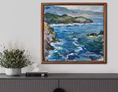 Картина маслом "Морской прибой" в раме, ручная работа на холсте