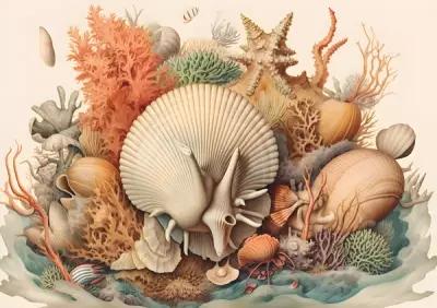 Постер - "Морская ракушка окружённая кораллами"на холсте / А4 / в тубусе без рамы