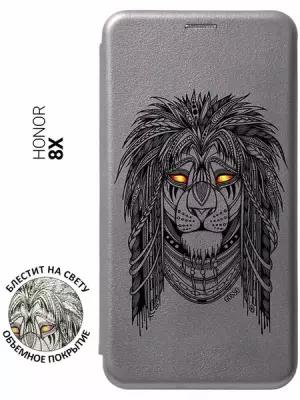 Чехол-книжка на Honor 8X, Хонор 8Х с 3D принтом "Grand Leo" серый