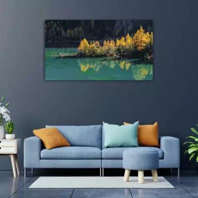 Картина на холсте 60x110 LinxOne "Склон деревья остров осень" интерьерная для дома / на стену / на кухню / с подрамником