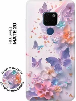 Силиконовый чехол на Huawei Mate 20 с принтом "Фиолетовые бабочки и бумажные цветы"
