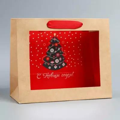 Подарочный пакет Дарите Счастье "Новогодняя елка", крафтовый, с пластиковым окном, 24х20х11 см