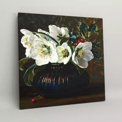 Картина на холсте (интерьерный постер) "Натюрморт - белые цветы в вазе" живопись, с деревянным подрамником, размер 60x60 см