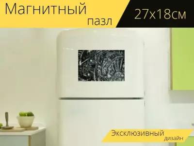 Магнитный пазл "Железная дорога, чернобелый, паровоз" на холодильник 27 x 18 см
