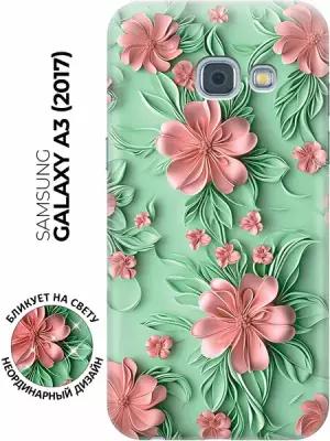 Силиконовый чехол на Samsung Galaxy A3 (2017) с принтом "Розовые цветы на мятном фоне"