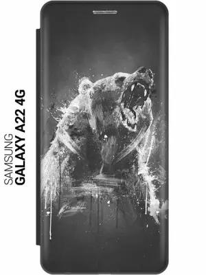 Чехол-книжка на Samsung Galaxy A22, M32, M22, Самсунг А22, М32, М22 с 3D принтом "Разъяренный медведь" черный