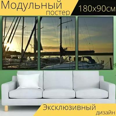 Модульный постер "Марина лодки, парусники, корабли" 180 x 90 см. для интерьера