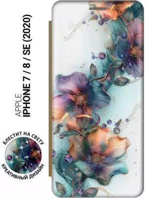 Чехол-книжка на Apple iPhone SE (2022) / SE (2020) / 8 / 7 с принтом "Мистические цветы" золотой