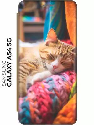 Чехол-книжка на Samsung Galaxy A54 5G / Самсунг А54 с рисунком "Котик на пледе" золотистый