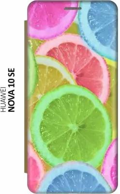 Чехол-книжка на Huawei nova 10 SE, Хуавей нова 10 СЕ c принтом "Разноцветные лимоны" золотистый
