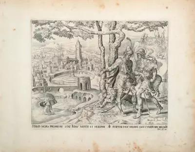 Иуда посылает козленка в качестве залога. Иллюстрация из Библии Пискатора. Офорт, резец. Нидерланды, середина XVII века