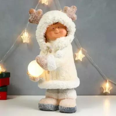 Сувенир керамика свет Малышка в шубке и с рожками на капюшоне, со снежком 44х22х19 см