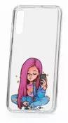 Чехол для Samsung Galaxy A70 Kruche Print Pink Hair,пластиковая накладка,силиконовый бампер с защитой камеры,противоударный прозрачный кейс с рисунком