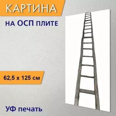 Вертикальная картина "Лестница, деревянная лестница, ростки глава" для интерьера на ОСП плите, 62,5х125 см