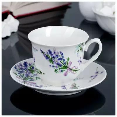 Чайная пара фарфоровая Доляна "Лаванда", чашка 220 мл, блюдце d=14,1 см, цвет белый