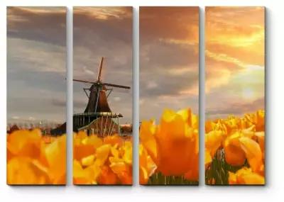 Модульная картина Ветряная мельница и желтые тюльпаны на закате 170x128