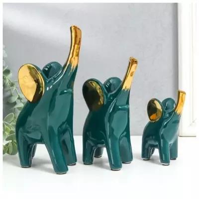 Сувенир керамика "Слоники - зелёный глянец" золото набор 3 шт 9х11; 10,5х15,5; 12,5х19 см