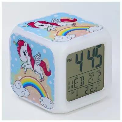 Часы электронные настольные "Единорог" с подсветкой, будильник, термометр, календарь, 8 х 8 см 75334