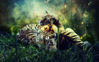 Картина на холсте 60x100 LinxOne "Тигры, детеныши, фотошоп, дикая природа" интерьер для дома / декор на стену / дизайн