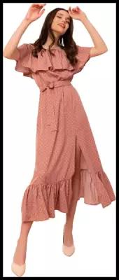 Платье сарафан в горох, летнее, выпускное, на бал, открытые плечи с воланом, юбка колокольчик с воланом, розовое в мелкий горошек, размер XL