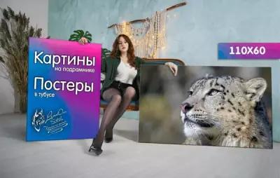 Картина на холсте 60x110 LinxOne "Ирбис, снежный леопард, хищник, взгляд, большая кошка" интерьер для дома / декор на стену / дизайн