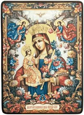 Икона Неувядаемый цвет Божией Матери в цветах, размер 19 х 27 см