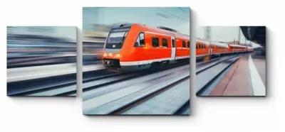 Модульная картина Высокоскоростной красный пассажирский пригородный поезд100x43