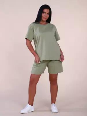 Костюм А-ЛЁНка, футболка и шорты, спортивный стиль, свободный силуэт, карманы, пояс/ремень, пояс на резинке, трикотажный, размер 46, зеленый