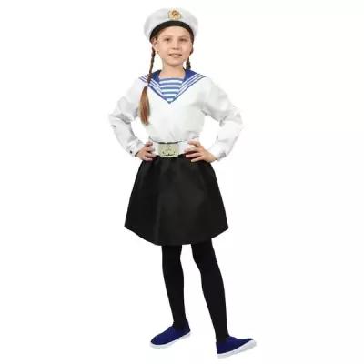 Карнавальный костюм Страна Карнавалия "Морячка в бескозырке" для девочки, белая фланка, юбка, ремень, размер 32, рост 110-116 см