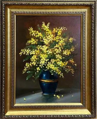 Картина маслом, цветы "Мимоза в вазе"