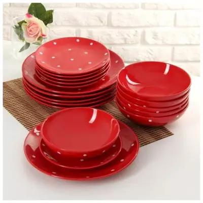 Набор тарелок керамический Доляна "Красный горох", 18 предметов: 6 тарелок d=19 см, 6 тарелок d=27 см, 6 мисок d=18,7 см цвет красный