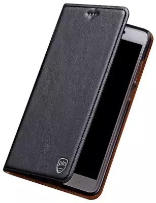 Чехол-книжка MyPads Premium для Realme X2 из качественной натуральной мраморной кожи буйвола прошитый элегантной прострочкой черный с магнитной к