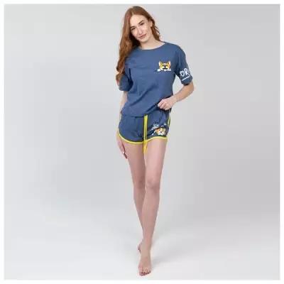 Комплект домашний (футболка/шорты) женский ТК-2508, цвет синий, принт, р-р 52