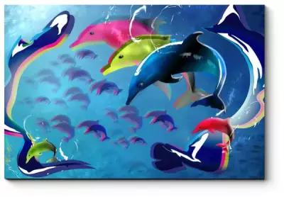 Модульная картина Разноцветные дельфины 50x33