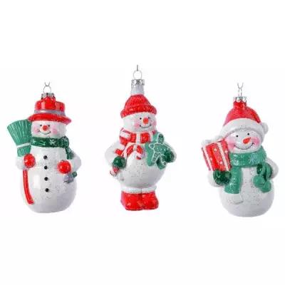Набор ёлочных игрушек праздничные снеговички в красном и зелёном, пластик, 10.5-12 см (3 шт.), Kaemingk 027687-набор
