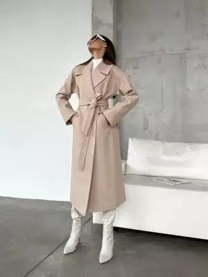 Пальто демисезонное, шерсть, оверсайз, удлиненное, размер 40, бежевый