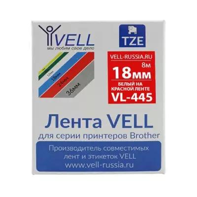 Лента Vell VL-445 (Brother TZE-445, 18 мм, белый на красном) для PT D450/D600/E300/2700/ P700/P750/E550/9700/P900/2430
