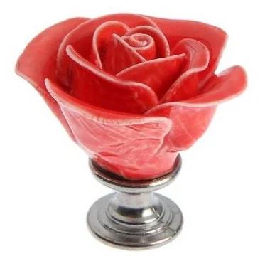 Ручка кнопка, “Роза” керамическая, цвет караловый, основание цинк