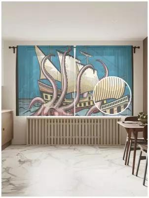 Тюль для кухни и спальни JoyArty "Корабль в беде", 2 полотна со шторной лентой шириной по 145 см, высота 180 см